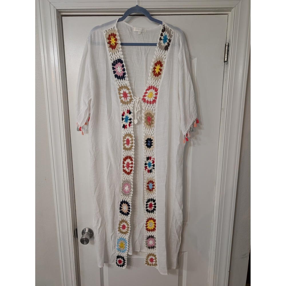 REBELLION White Crochet Trim Tassel Kimono Cover Up medium‎ granny square boho